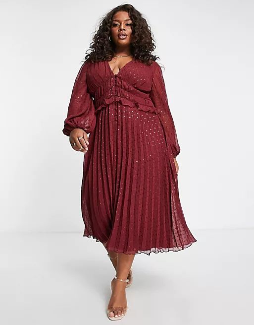 ASOS DESIGN Curve button up ruched waist pleated midi dress in metallic textured fabric in deep r... | ASOS (Global)