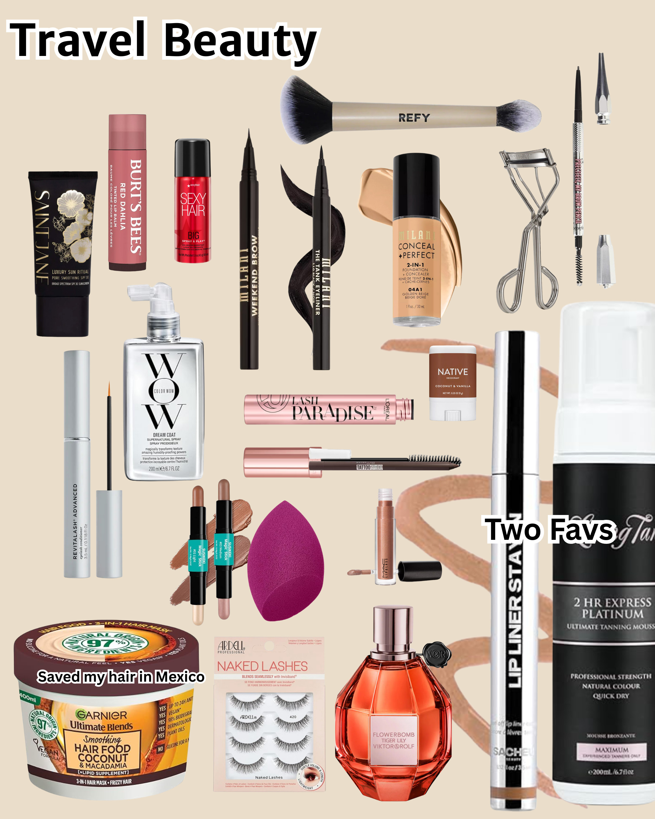 my fav makeup and beauty products I MUST take with me when I travel! The bottom left is the hair mask I am wearing to travel home from paris and really really hydrates my hair! 

 #LTKHome #LTKBeauty #LTKTravel