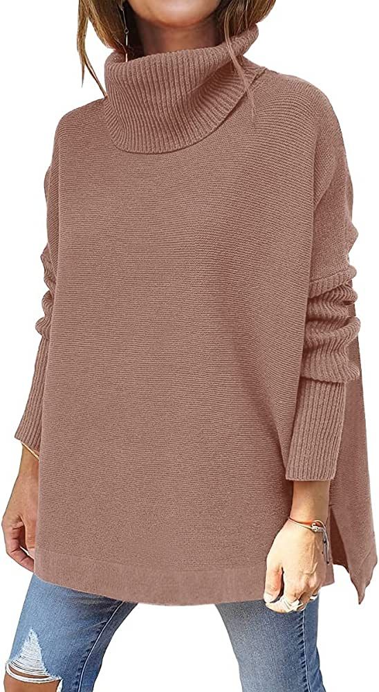 Drrita Women's Turtleneck Sweaters 2022 Oversized Batwing Sleeve Spilt Hem Asymmetric Pullover Sw... | Amazon (US)