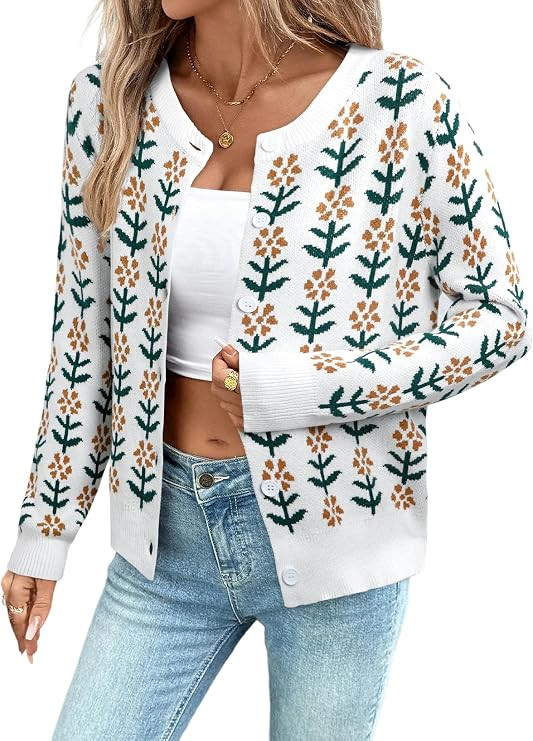 Sidefeel Women's Button Down Cardigan Sweater Long Sleeve Cute Floral Printed Cropped Sweater Coa... | Amazon (US)