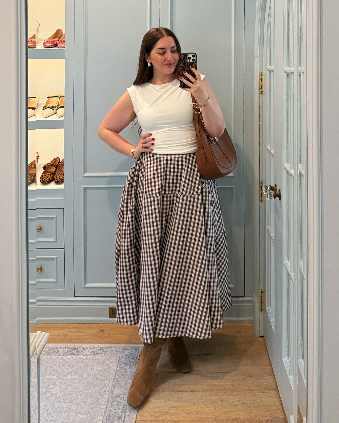 Spring outfit / Maxi gingham skirt / Amazon skirt / Aritzia top / white top / widecalf boots / midsize / office outfit / workwear / Pinterest recreation 

Sizing: M in top / L in skirt & shaper

#LTKsummer #LTKworkwear #LTKmidsize