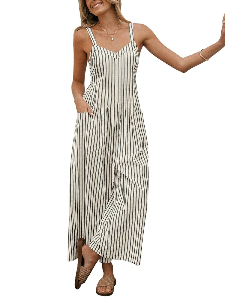 CUPSHE Maxi Jumpsuit for Women Striped Sleeveless Smocked Cutout Back Wide Leg Summer Casual Over... | Amazon (US)