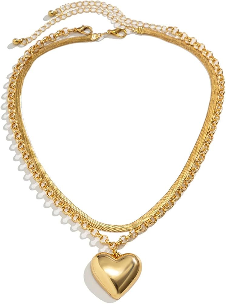 XUEZHIBAO Layered Chunky Heart Choker Necklace - Gold Plated Heart Pendant Herringbone Snake Chai... | Amazon (US)