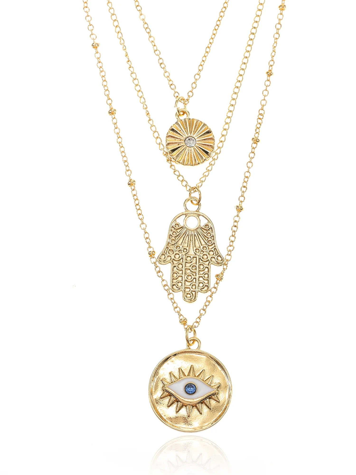 No Boundaries Women’s Gold-Tone Evil Eye Layered Pendant Necklace Set, 3-Piece | Walmart (US)