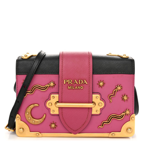 Prada City Calf Saffiano Astrology Cahier Bag Fuxia Black | FASHIONPHILE (US)