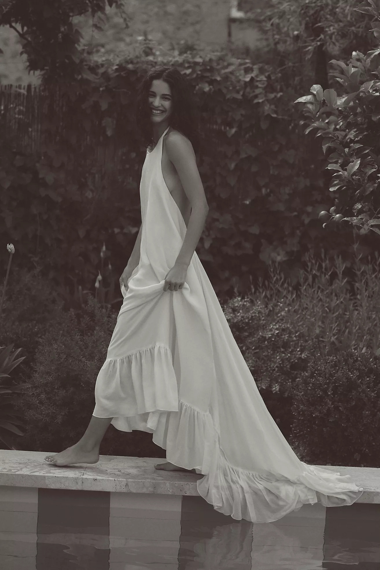 Azeeza Sadie Halter High-Low Ruffle Silk Wedding Gown | Anthropologie (US)