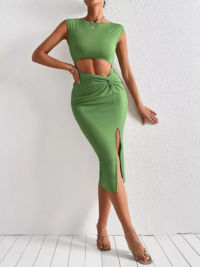 Valiamcep Women's 2023 Summer Sleeveless Midi Dress Crew Neck Waist Cut Out Split Slit Tank Dress Ribbed Bodycon Dress