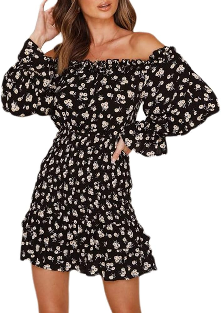 Lovinchic Women's Summer Floral Off Shoulder Mini Dress Cute Ruffle Lantern Sleeves Short Sundres... | Amazon (US)