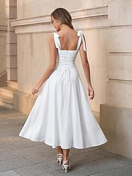 Amazon.com: Parthea Summer Floral Corset Midi Dress A Line Tie Bow Straps Wedding Guest Dresses f... | Amazon (US)