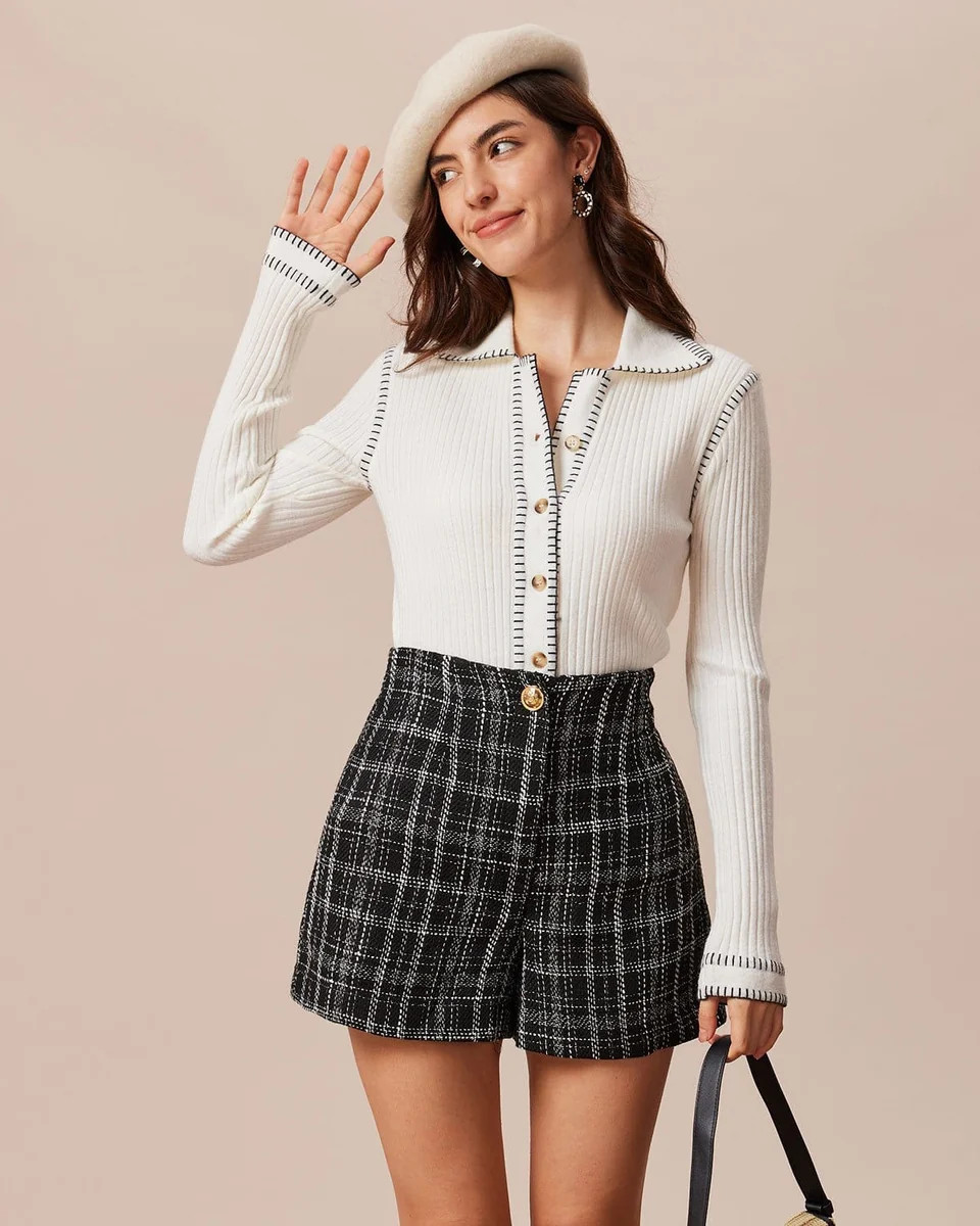 The White Seam Colorblock Button Cardigan - Women's Button Cardigan Top - White - Tops | RIHOAS | rihoas.com