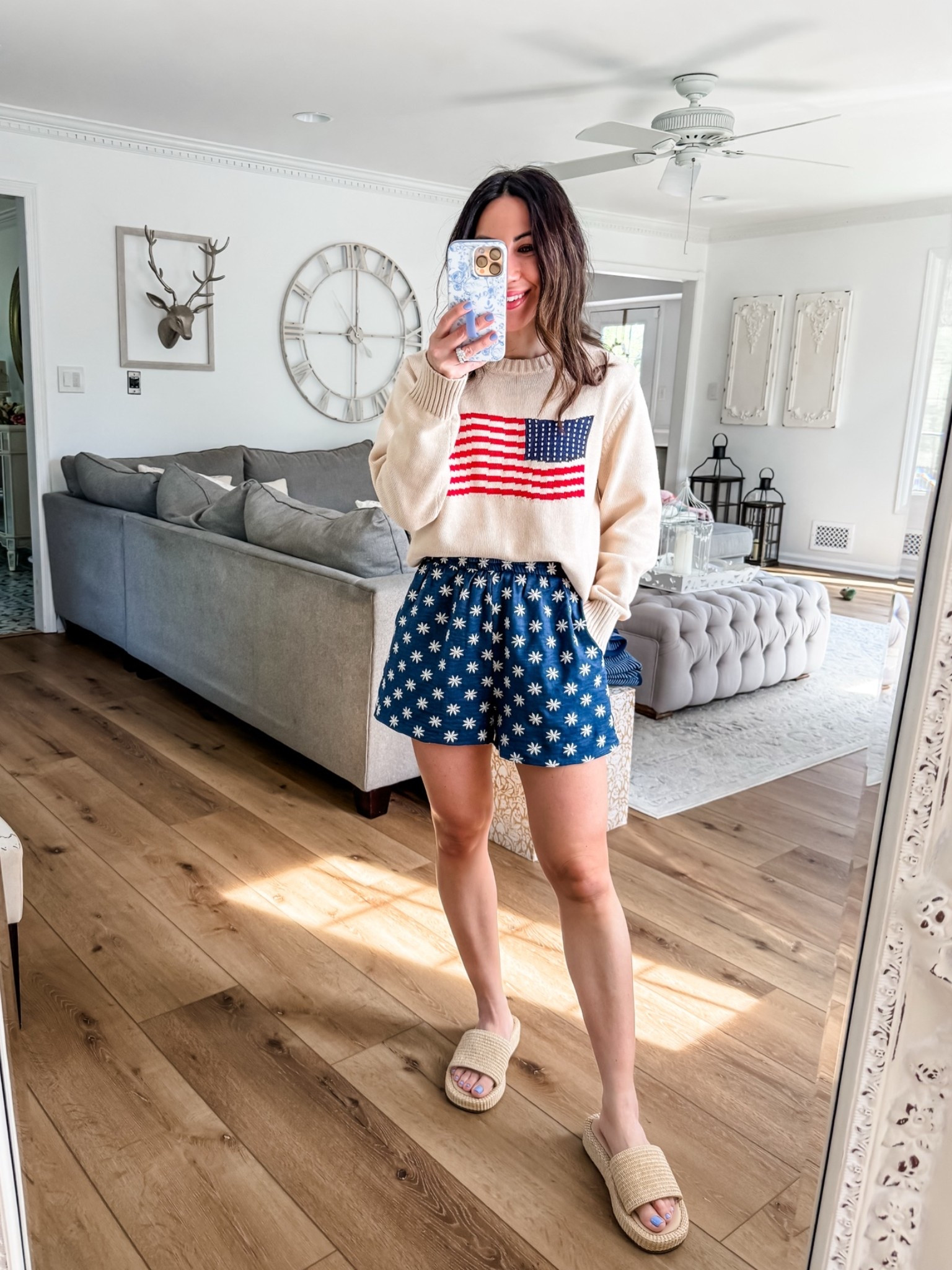 Flag sweater small. Shorts small. Sandals TTS. MDW outfit, 4th of July outfit