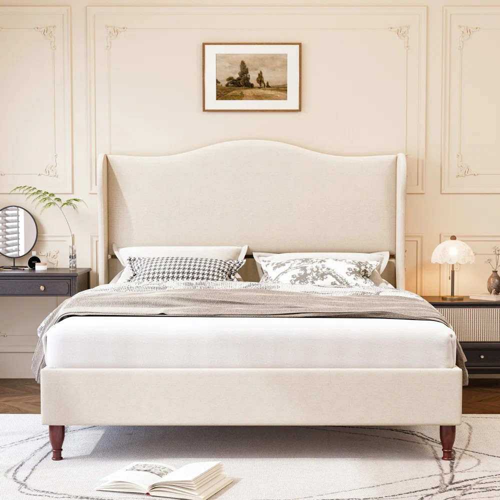Queen Size Wingback Platform Bed Frame with Tall Headboard-Beige | Wayfair North America
