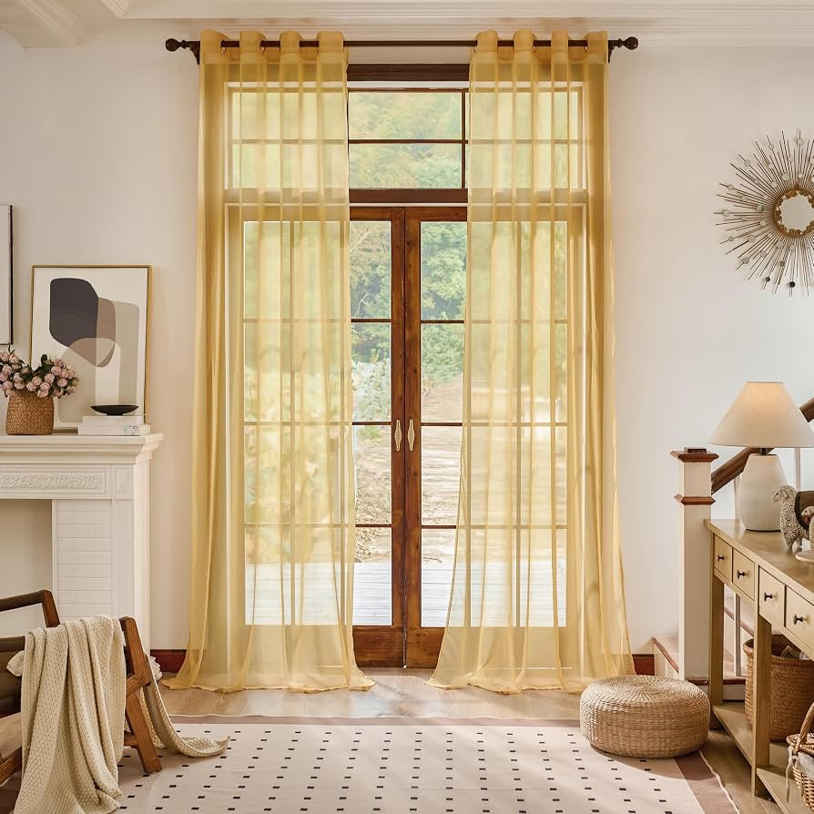 Stripe Gold Sheer Curtains 120 Inch Length Extra Long With Grommets Semi Transparent for Living R... | Amazon (US)
