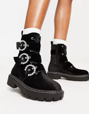 River Island lace up velvet jewel buckle boot in black | ASOS (Global)