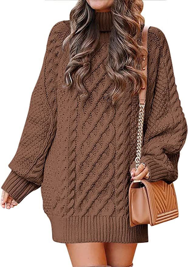 ANRABESS Women Turtleneck Long Sleeve Oversized Cable Knit Chunky Pullover Short Sweater Dresses ... | Amazon (US)