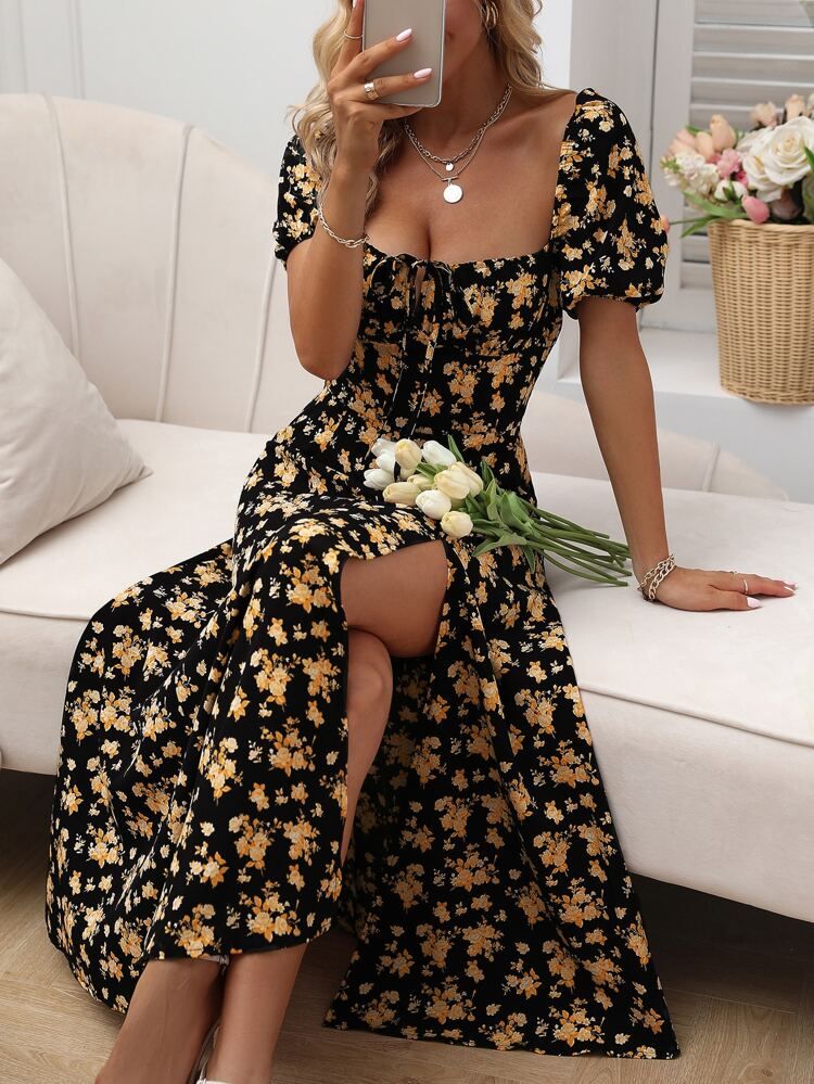 Allover Floral Knot Split Thigh A-line Dress | SHEIN