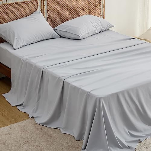 Bedsure Cooling Queen Sheet Set, Blend of Rayon Derived from Bamboo Sheets, Breathable Soft & Silky, GentleSoft™ Hotel Luxury Bedding Set, Deep Pocket Bedsheets for Hot Sleepers - Grey | Amazon (US)