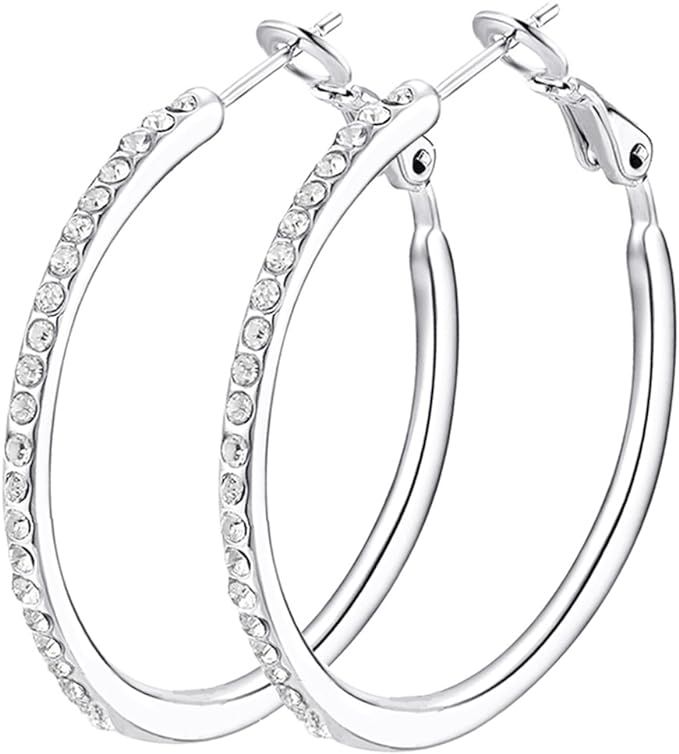 Hoop Earrings, Fashion CZ Rhinestone White Gold Plated Silver Hoop Earrings for Women Girls Gifts | Amazon (US)