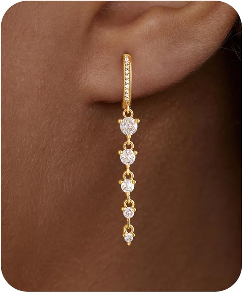 Dangle Earrings For Women Trendy 14K Gold Plated CZ Drop Silver Long Dangling Dainty Simple Hangi... | Amazon (US)