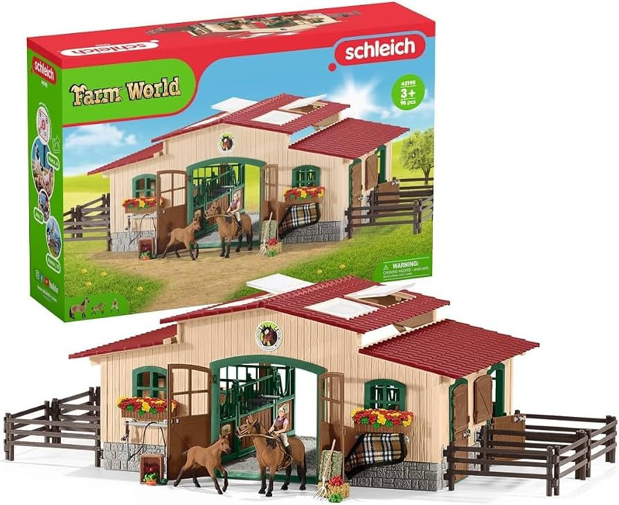 Schleich Horse Barn and Stable Playset - Award-Winning Riding Center 96 Piece Set, 2 Pony Toys, R... | Amazon (US)