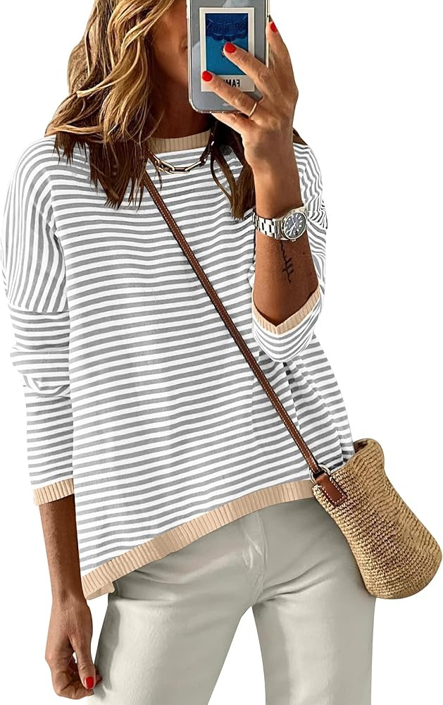 ANRABESS Womens Striped Sweaters Long Sleeve Top Crewneck Color Block Casual Loose Knitted Pullov... | Amazon (US)