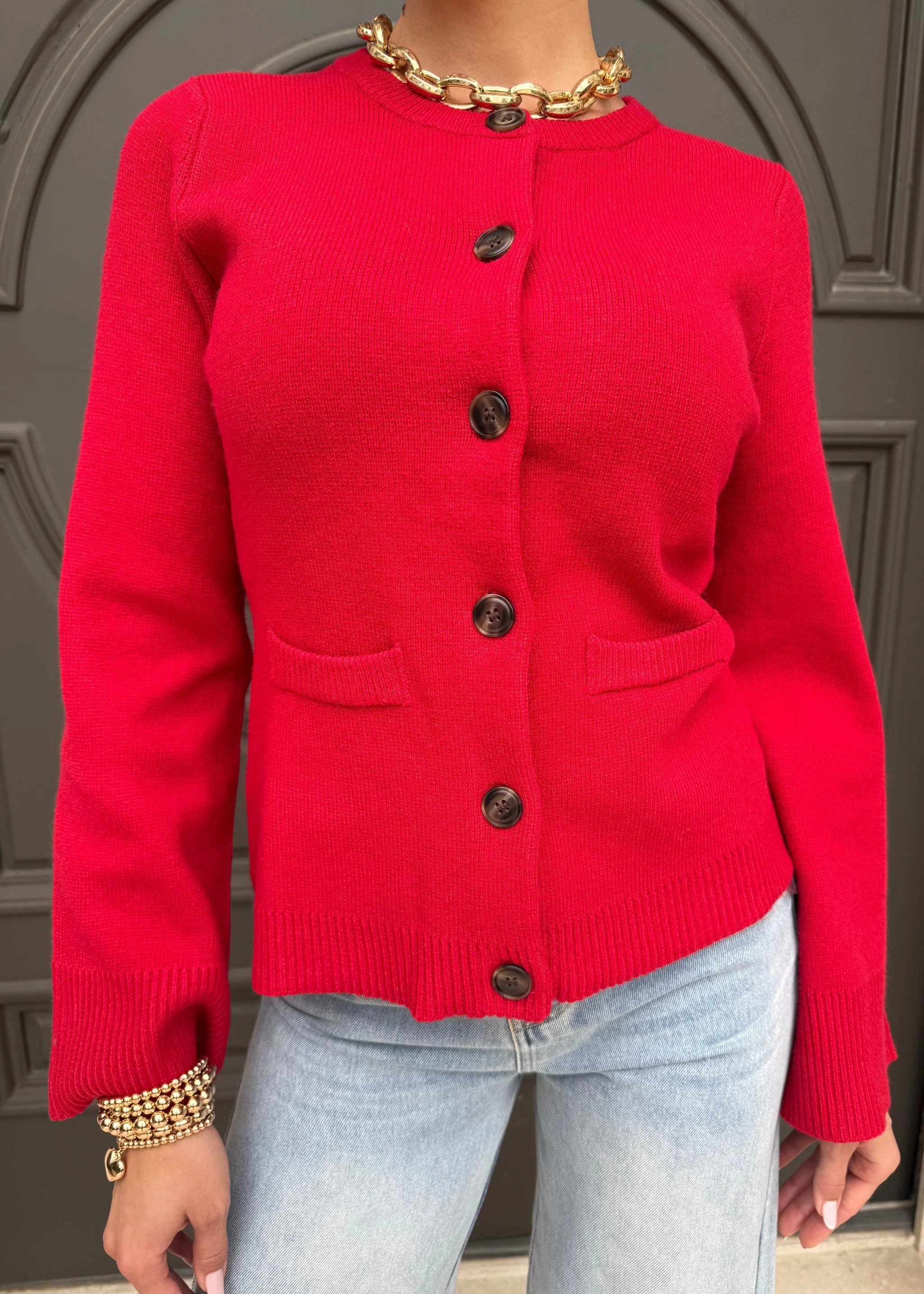 Maeve Long Flare Sleeve Knit Button Down Cardigan - Red | Benaar La