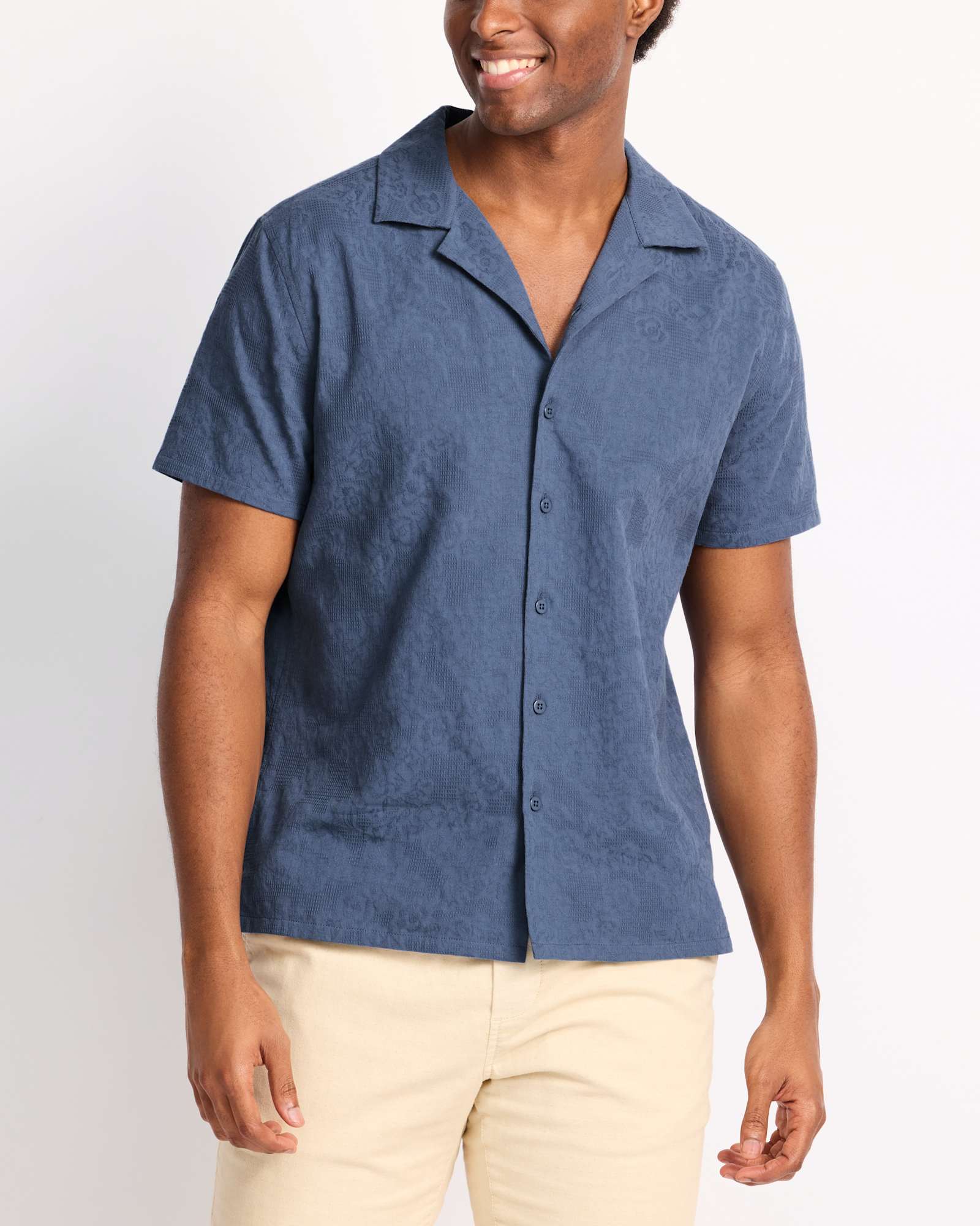 Woven Jacquard Floral Camp Collar Short Sleeve Shirt | Stitch Fix
