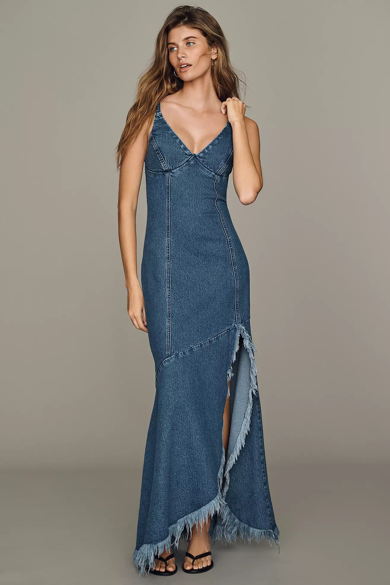 Avec Les Filles Frayed Hem Denim Maxi Dress | Anthropologie (US)