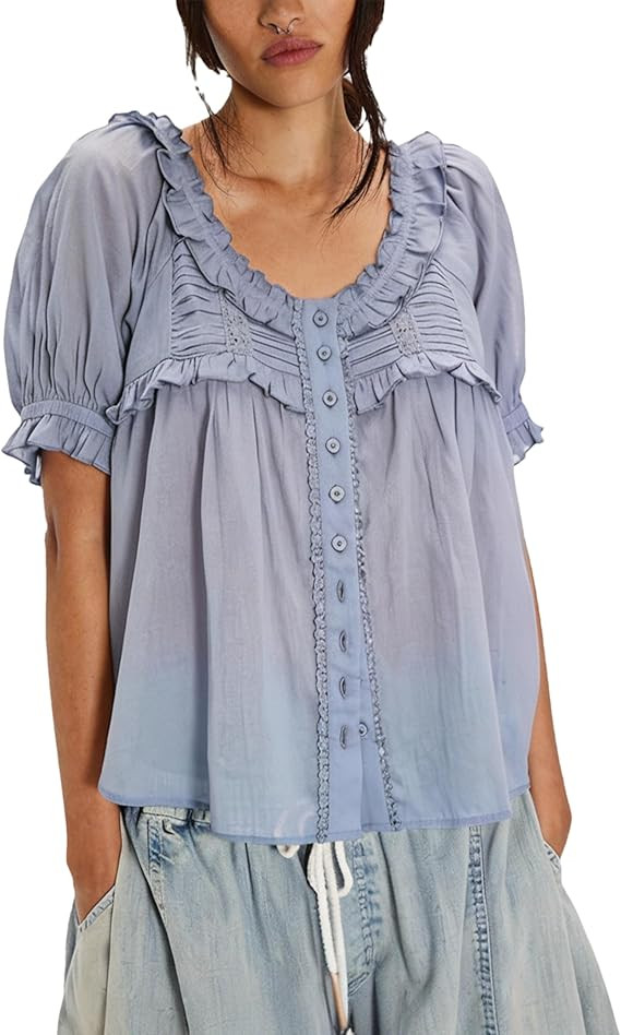Lumister Womens Summer Blouse Lace Short Sleeve Button Down V-Neck Chiffon Ruffle Trim Top Y2K Be... | Amazon (US)