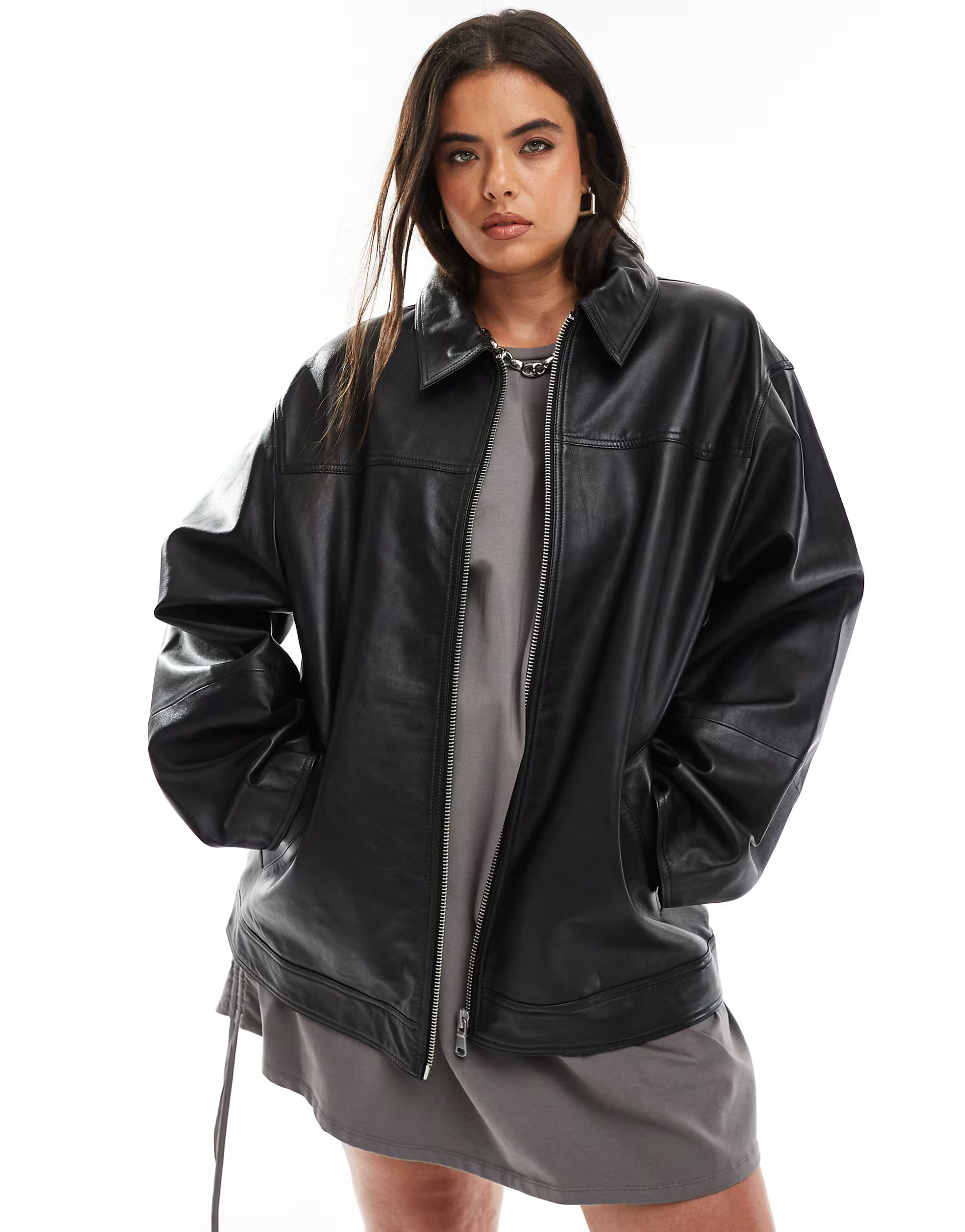 ASOS DESIGN Curve top collar premium leather jacket in black | ASOS (Global)