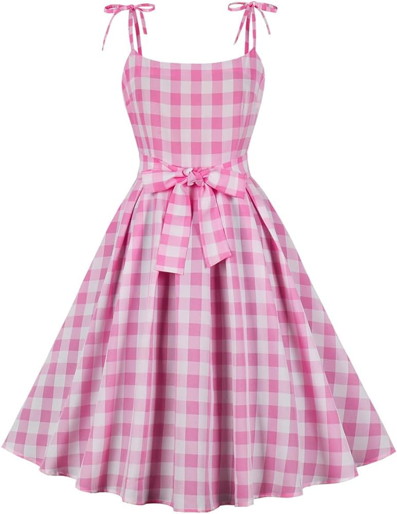 Women Vintage 1950s Retro Dress Spaghetti Strap Pink Gingham Swing Cocktail Party Dress Rockabill... | Amazon (US)
