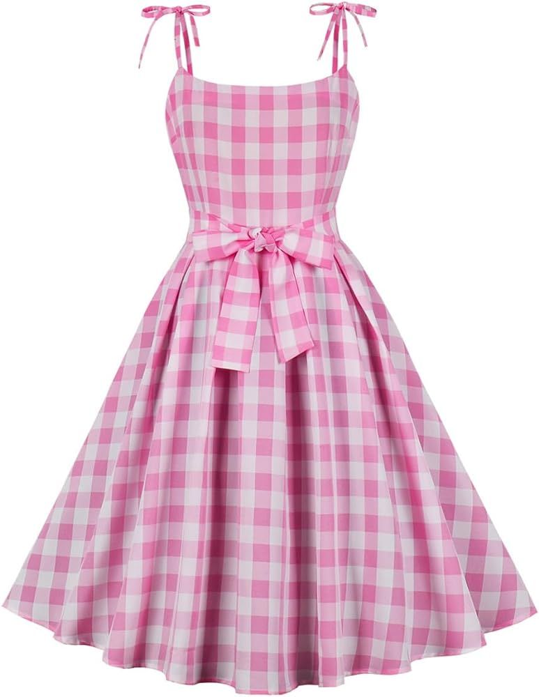 ODASDO Pink Gingham Dress for Women Vintage Rockabilly 1950s Spaghetti Strap A-line Swing Midi Co... | Amazon (US)