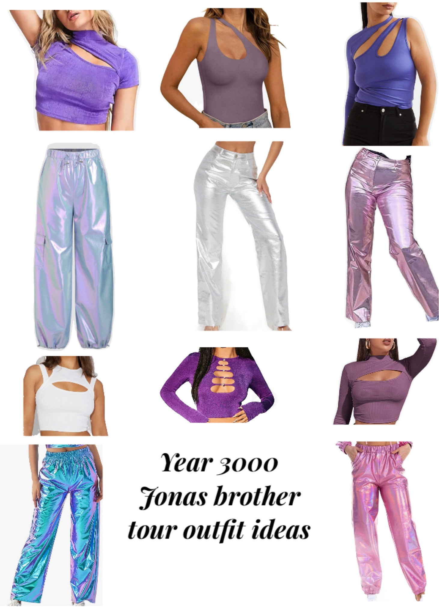 Outfit ideas for the jonas brother tour - year 3000 inspired. The first two pants are from fashionnova (silver) and cider (light purple)✨🎶 #jonasbrotherconcertoutfit #year3000outfit #jonasbrotherconcertoutfitideas #concertoutfitideas #whattoweartoconcerts