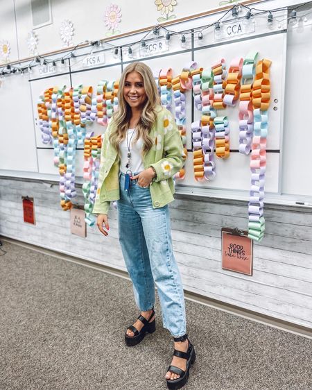 Teacher Friday Outfit
Jeans: true to size
White Bodysuit: true to size
Daisy Cardigan: true to size
Platform Sandals: true to size 

#LTKshoecrush #LTKworkwear #LTKunder100