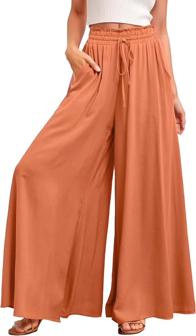 Wide Leg Pants for Women Summer Flowy Pants Elastic Waist with Pockets Palazzo Lounge Pants | Amazon (US)