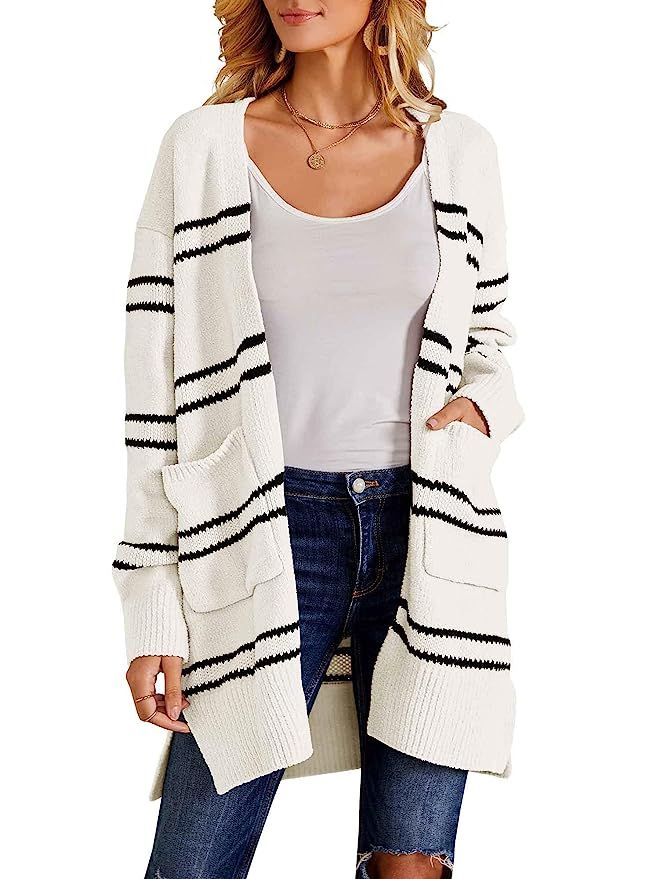 Ferbia Women Fleece Cardigan Striped Boyfriend Sweaters Long Sleeve Open Front Loose Knit with Po... | Amazon (US)