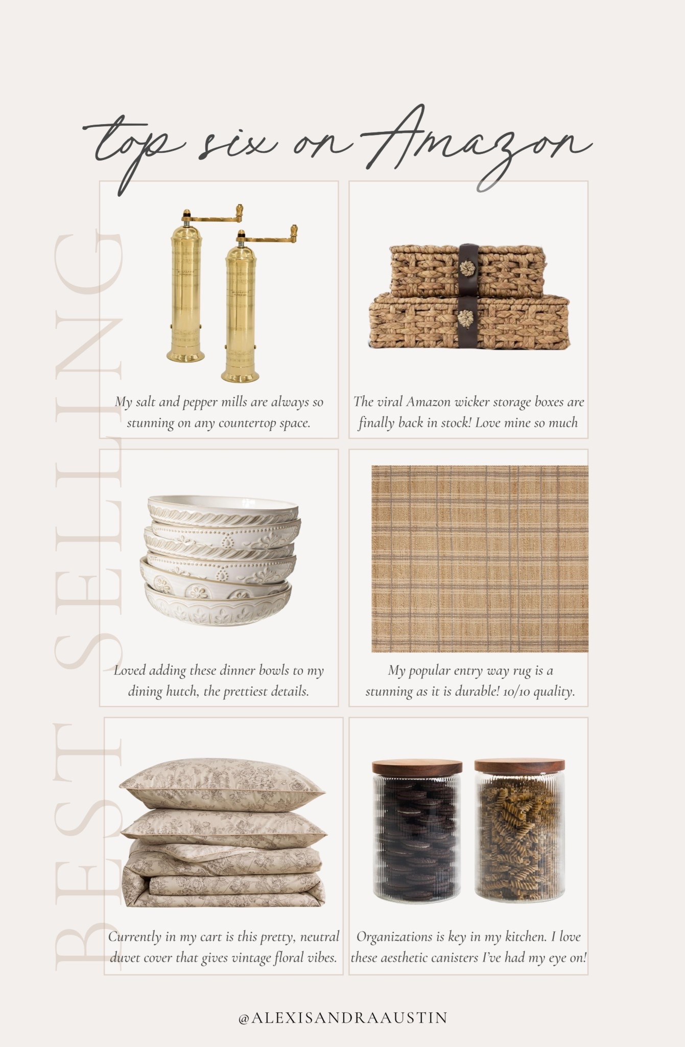 This week’s top six on Amazon! From the viral woven boxes to everything that caught my eye for an aesthetic and functional home.

Home finds, neutral home inspo, spring refresh, found it on Amazon, brass detail, salt and pepper mill, neutral area rug, neutral duvet cover, aesthetic canister, organization favorites, woven boxes, look for less, neutral bowl, shop the look!

#LTKHome #LTKSeasonal