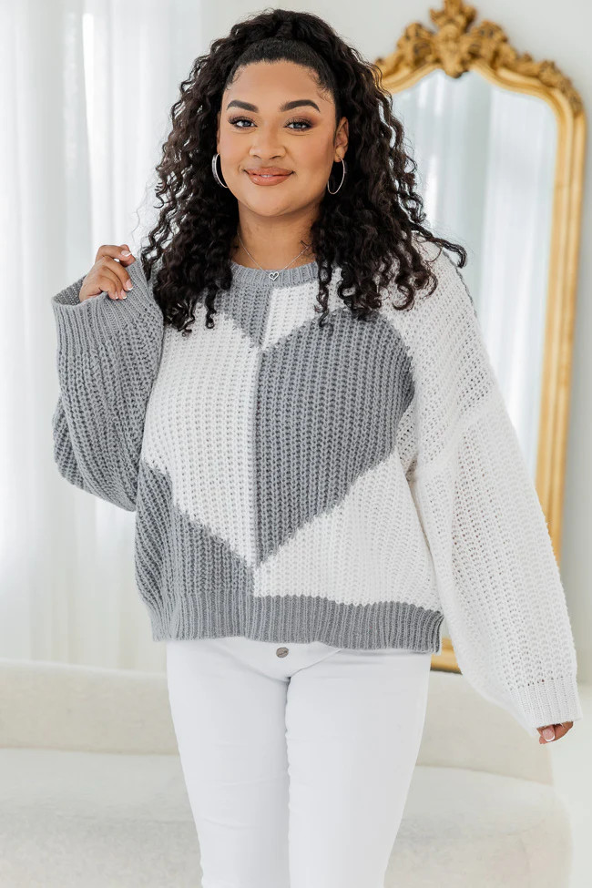 Love Me Now Grey And Ivory Colorblock Heart Sweater | Pink Lily