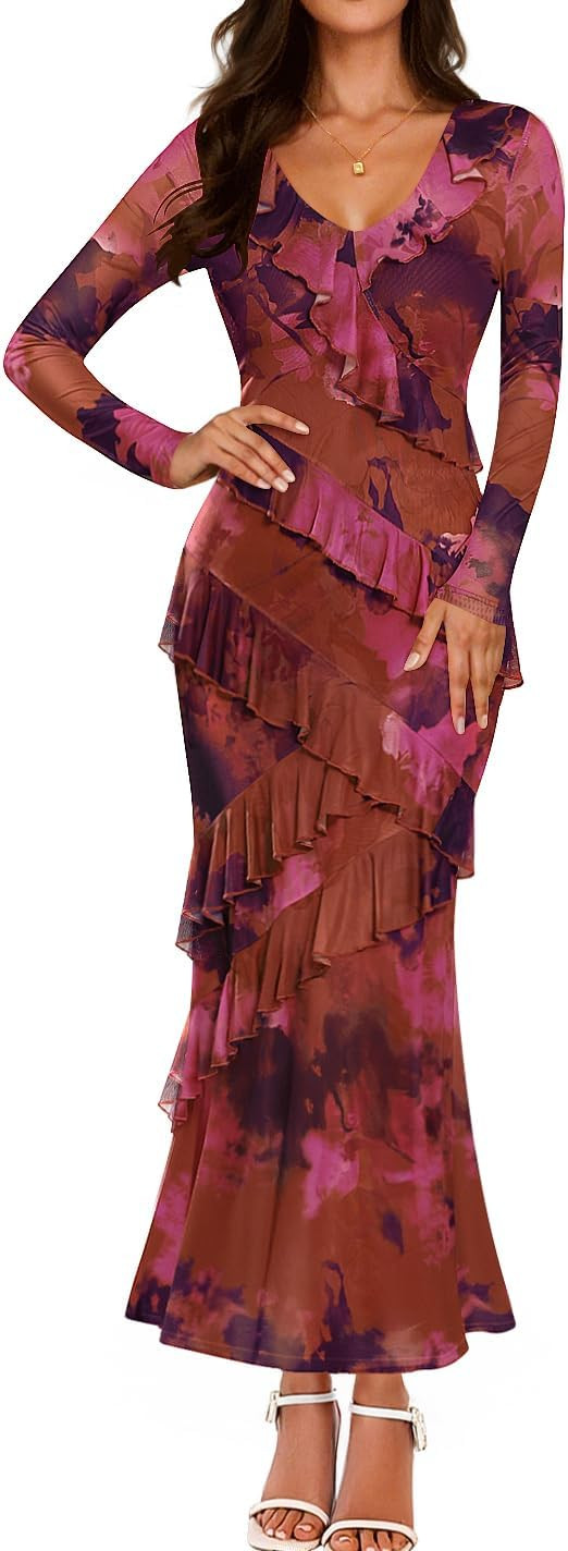 ZESICA Women's Fall Floral Long Sleeve Maxi Dress 2025 Boho Bodycon V Neck Ruffle Wedding Party L... | Amazon (US)