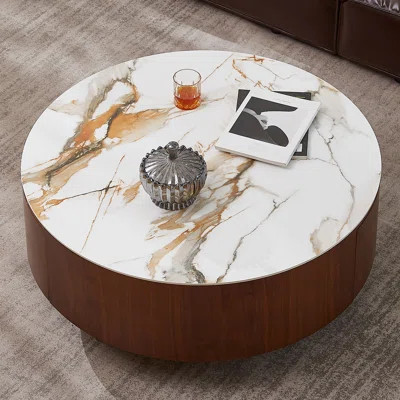 35.4" Modern Faux Marble Coffee Table Round With Classic Solid Wood Base Walnut Veneer 2 Storage Drawers Included For Living Room. | Wayfair North America