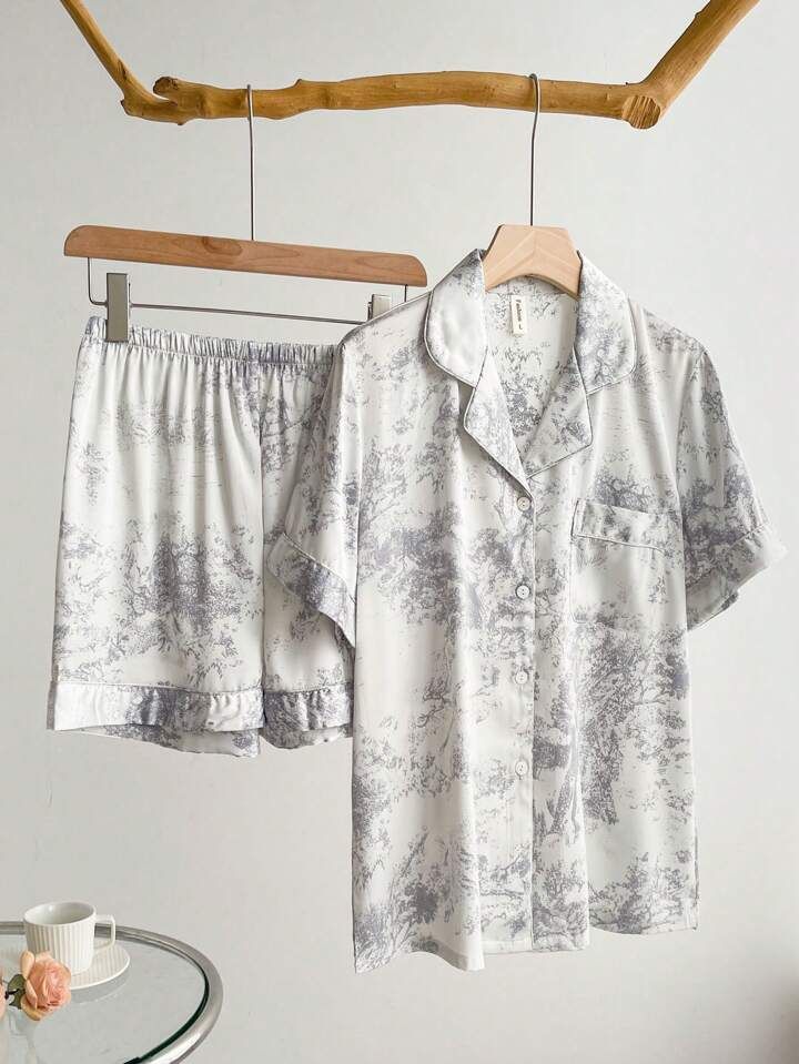2pcs/Set Grey Printed Short Sleeve Shirt And Shorts Pajama Set | SHEIN