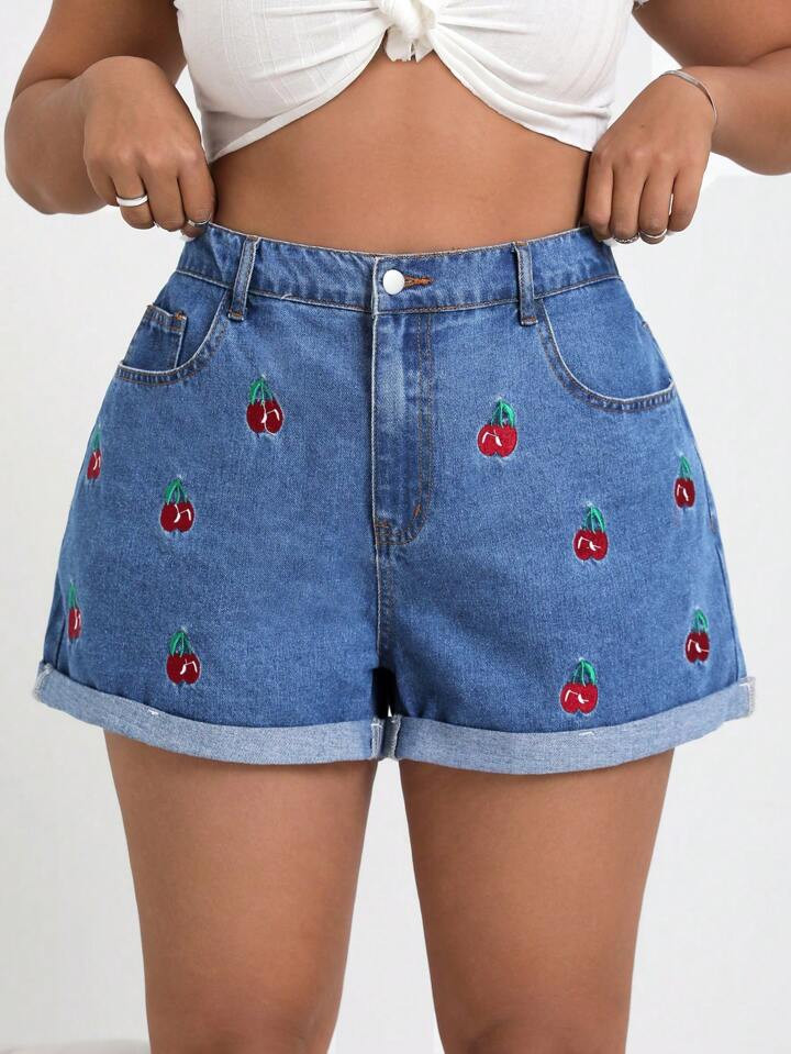 SHEIN CURVE+ Plus Size Women Denim Shorts With Embroidery, Casual Hippie Style Vacation Outfits C... | SHEIN