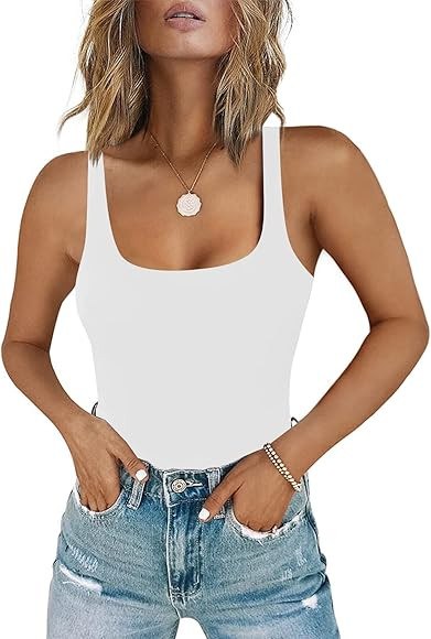 Chunpin Women's Square Neck Sleeveless Bodysuit Double Lined Tops Thong Bodysuit | Amazon (US)