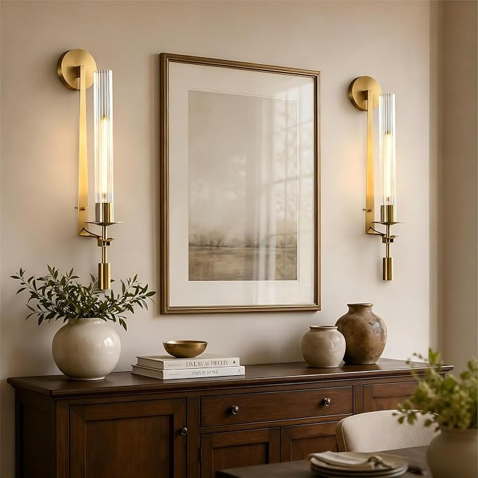 LIGHTLAND Gold Wall Sconces Set of 2, 28 Inch Modern Metal Glass Wall Light Fixture, Wall Lamp fo... | Amazon (US)