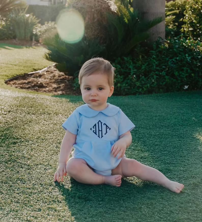 Monogrammed baby boy bubble, boy Easter outfit, personalized boys sunsuit, boys picture outfit, p... | Etsy (US)