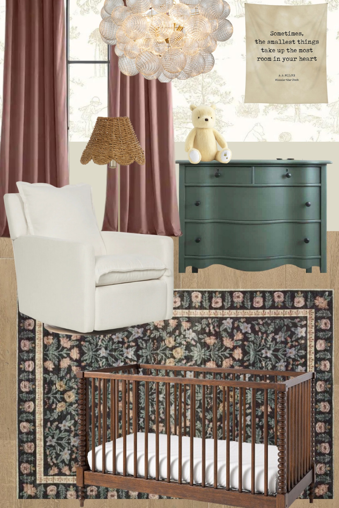 Moody garden nursery theme with nods to classic Winnie the Pooh 