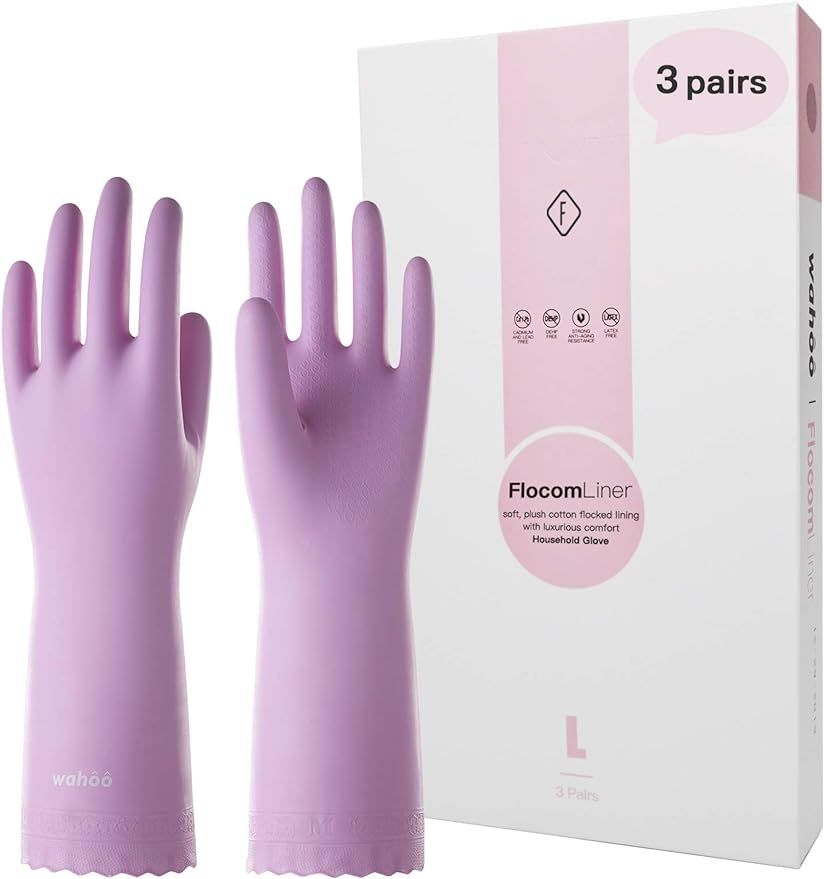 LANON 3 Pairs wahoo Skin-Friendly Cleaning Gloves, Dishwashing Kitchen Gloves with Cotton Flocked... | Amazon (US)