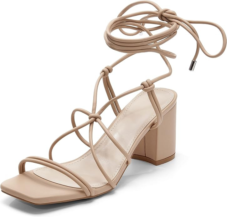 Coutgo Women's Chunky Heel Sandals Lace Up Heels Square Toe Strappy Straps Party Shoes | Amazon (US)