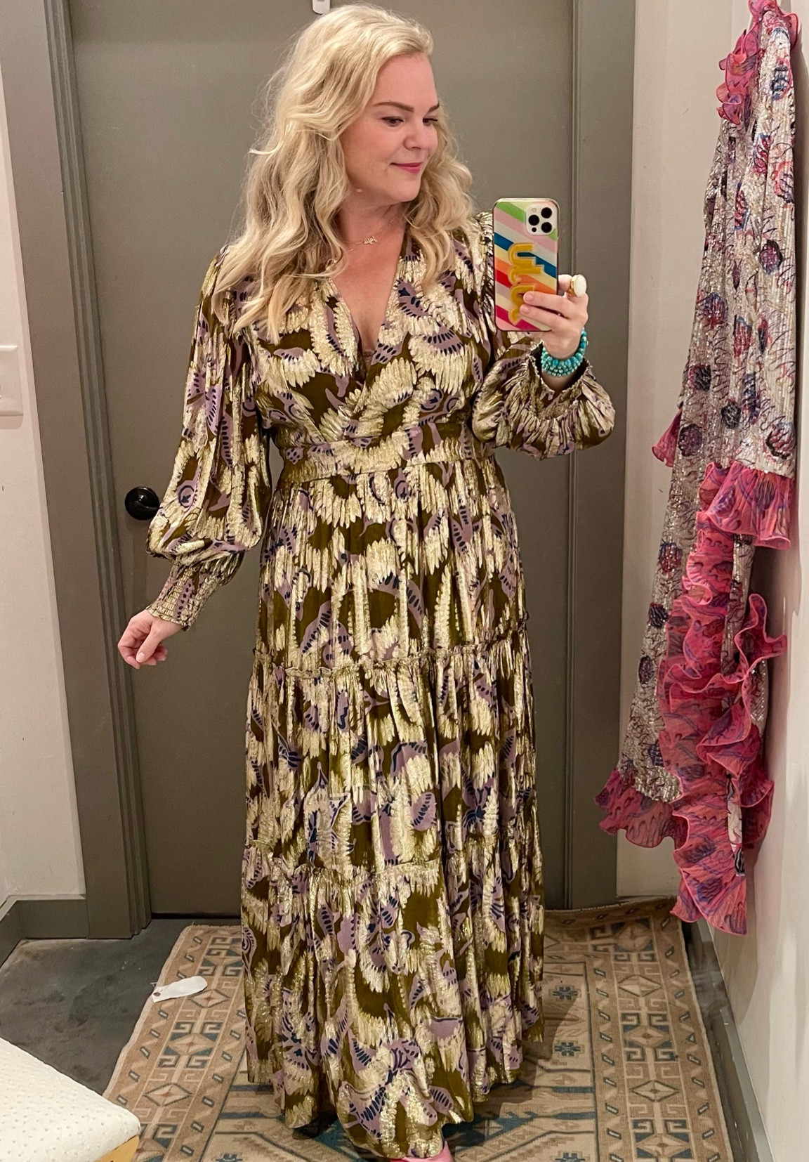 The most beautiful shimmery dress for fall. The silhouette is so flattering- linking several colors.