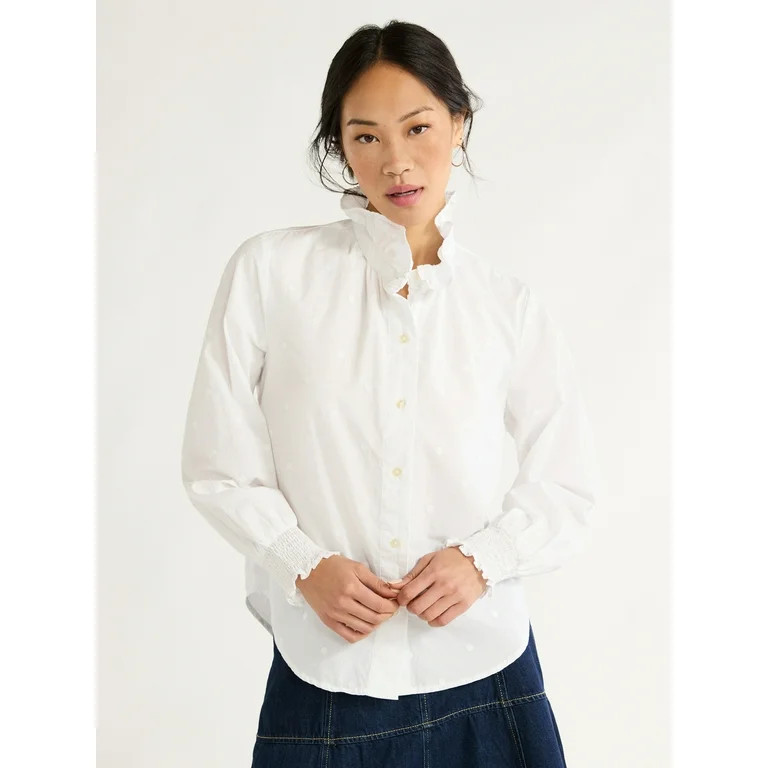 Free Assembly Women’s Ruffle Neck Cotton Blouse, Sizes XS-XXL | Walmart (US)